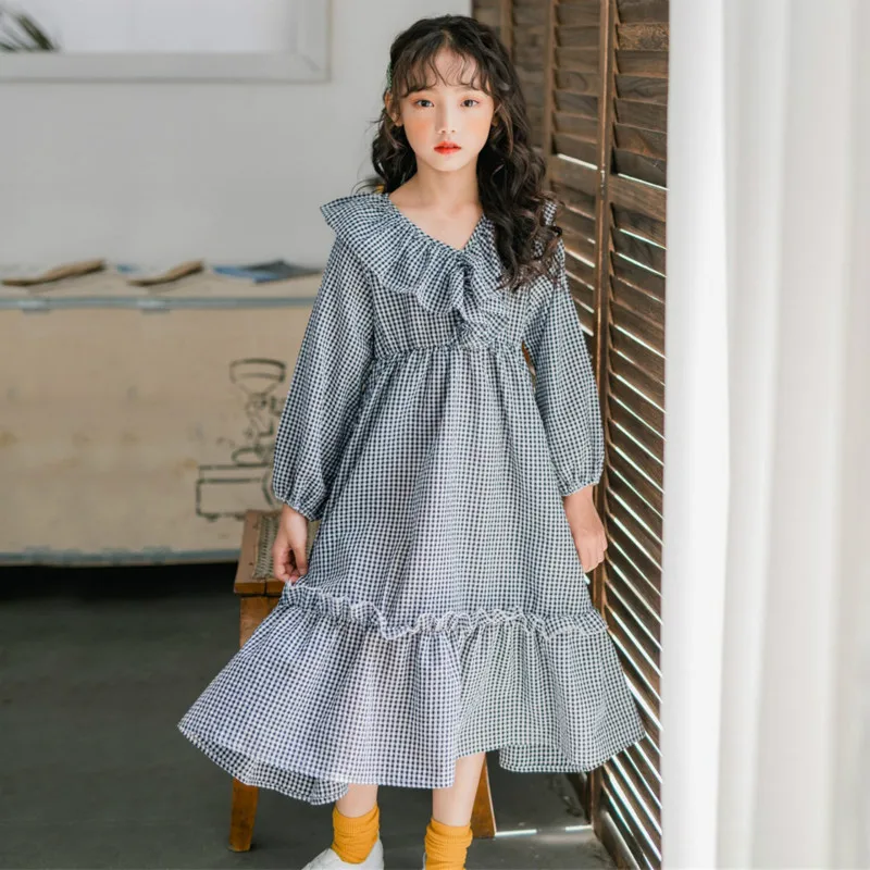 Платья для девочек г., весенне-осеннее платье принцессы в клетку для маленьких девочек длинные Детские платья для девочек, одежда для детей 6, 8, 10, 12, 14 лет