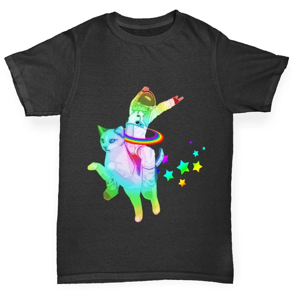 Скрученная зависть мальчика астронавт езда Космический Кот забавная футболка