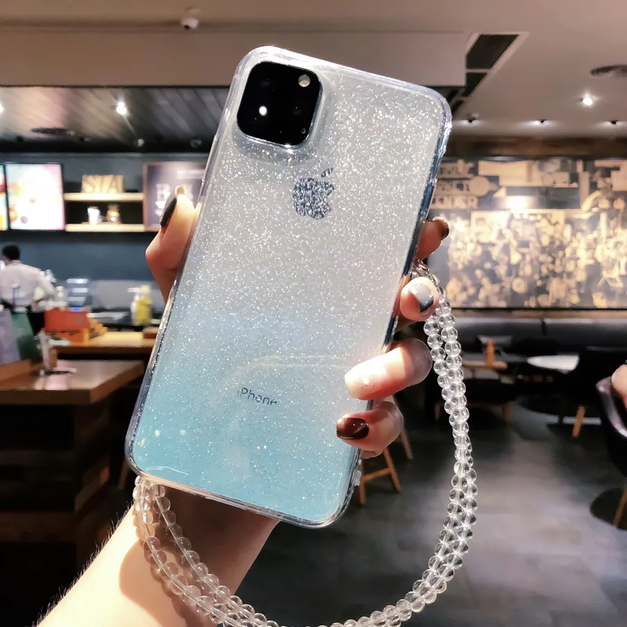 Чехол из ТПУ с ремешком и цепочкой для iPhone 6, 6s, 11 Pro, Xs, Max, шейный ремешок для переноски, чехол с блестками для iPhone 7, 8 Plus, Xr X