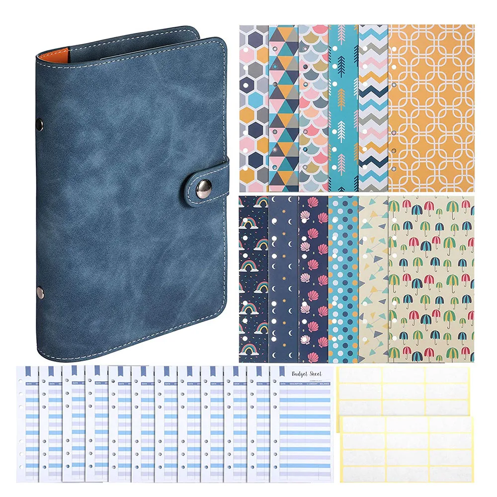 Carpeta de cuero PU A6 para Notebook, incluye 6 carpeta de anillos, cubierta, 12 sobres, sistema de 12 hojas de cálculo de gastos, 49 piezas