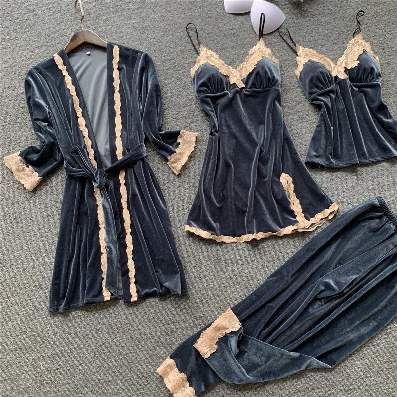 4 шт., набор халатов, бархатный женский халат-кимоно, платье для сна, кружевное велюровое сексуальное домашнее платье, осенне-зимнее теплое Ночное платье