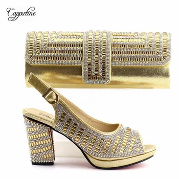 

High class gold high heel sandal shoes with handbag sets with stones T1070 , heel height 9.3cm