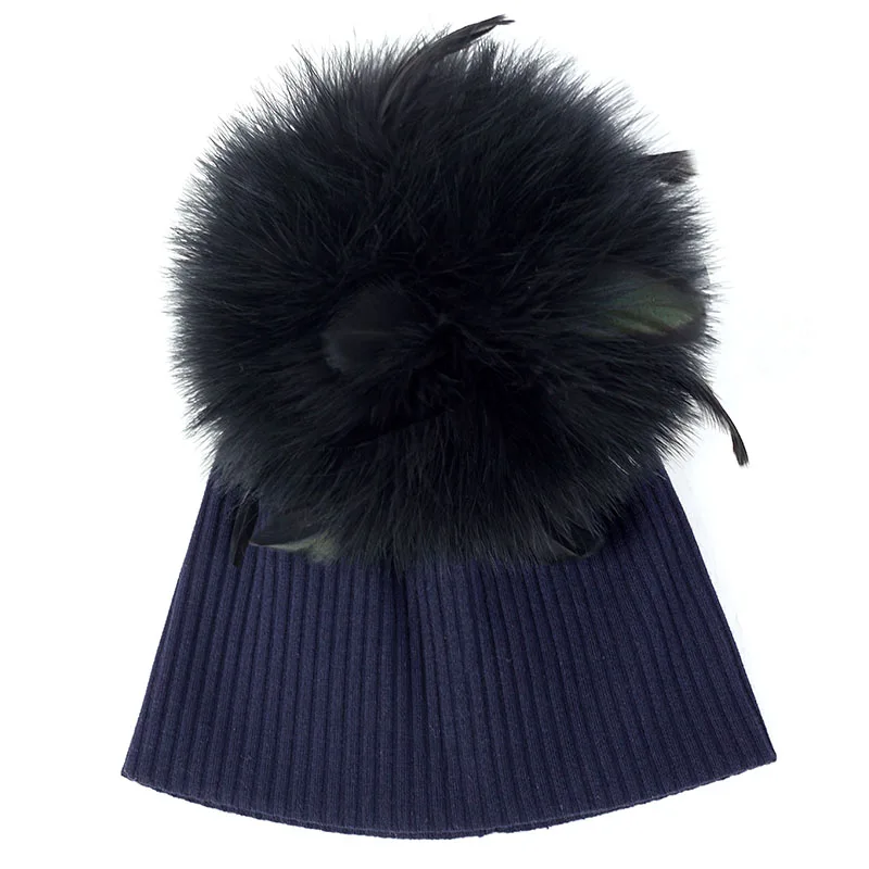 navy black Для маленьких мальчиков резинки для девочек краситель шапки с гофрированной резинкой унисекс твердая шляпа для мальчиков и девочек мягкая череп Кепки с 15 см страусиное меховое помпон - Цвет: navy black