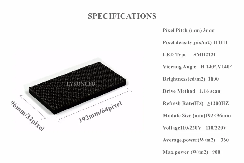 LYSON светодиодный P3 Крытый 1/16 Scan SMD2121 полноцветный светодиодный модуль дисплея для HD светодиодный экран видео 192*96 мм 64*32 пикселей