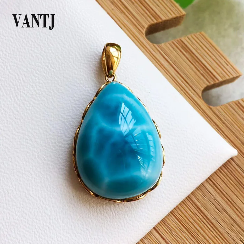 VANTJ Real 10K Yellow Gold Pendant Elegant Natural Blue Larimar Fine Jewelry Necklace for Women Lady Party Wedding Gift whit Box | Украшения