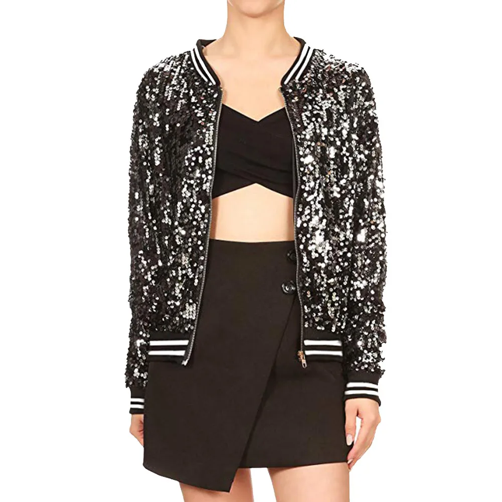 amazing  2019 Spring Autumn Women Sequin Bomber Jacket Long Sleeve Front Zip Jacket with Ribbed Cuffs Coats 