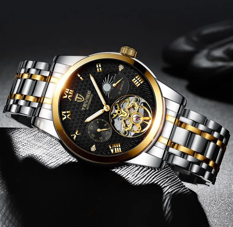 Moon Phase Tourbillon Мужские часы люксовый бренд Мужские Военные Спортивные часы из нержавеющей стали автоматические механические часы erkek saat