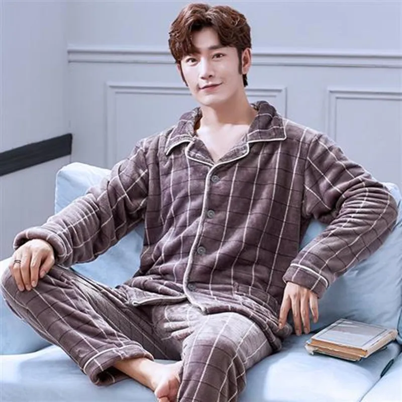 Pajamas Set Men Winter Warm Stripe Sleepwear Print Thick Flannel Pyjama Long Sleeve Pants V-Neck Shirt  Man Home Pjs cotton pjs Pajama Sets