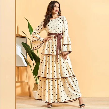 

Siskakia Polka Dot Maxi Dress White Multilayer Pleated Dress O Neck Long Sleeve Middle East Muslim Eid Ramadan Women Clothing