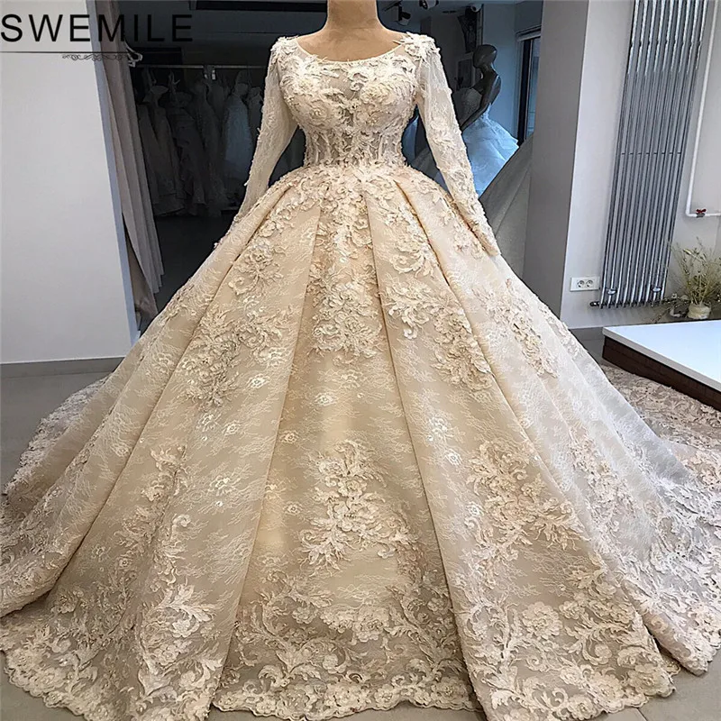 Luxury 3D Lace Ball Gown Wedding Dress Vestido De Noiva Long Sleeve Wedding Gowns With Cathedral Train Robe de Mariee