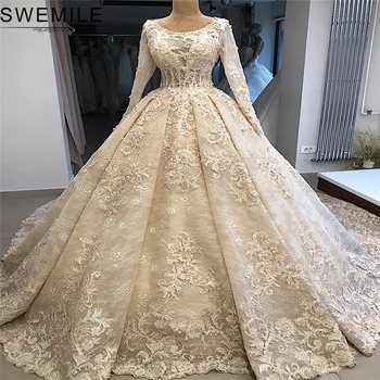 شراءالفاخرة 3D الدانتيل الكرة ثوب الزفاف 2019 Vestido دي Noiva كم طويل أثواب الزفاف مع كاتدرائية قطار رداء دي Mariee