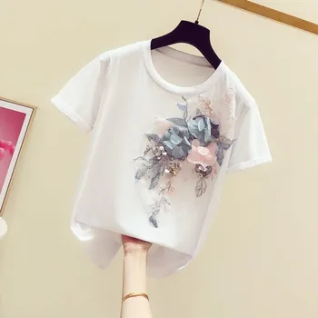 

Floral T Shirt Women 2020 Spring and Summer New Handmade Embroidered Sequin Stereo Flower Short-sleeved Round Collar T-shirt T