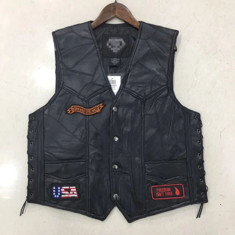 Motorcycle Leather Vest Men Motorcycle Casual Jacket Waistcoat with Punk Retro Classical Badges Motocross Equipment