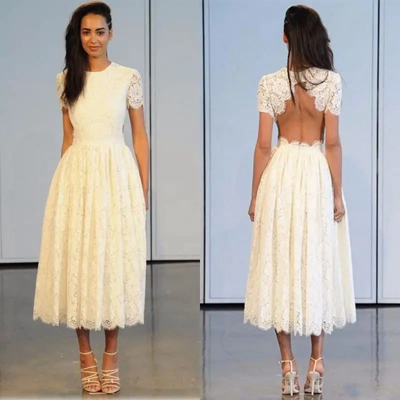 

Backless Champagne Lace Wedding Dresses 2019 Sexy Short Sleeves Summer Spring Garden Tea Length Bohemia Cheap Bridal Gowns