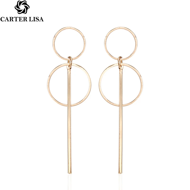 CARTER LISA Fashion Jewelry Women Double Circle Drop Earring Gold Sliver Color Long Statement Simple Design Ins kolczyki | Украшения и
