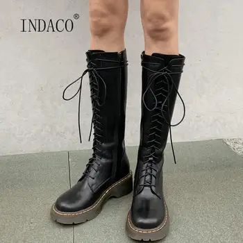 

Women Winter Boots Leather Cross Striped Martin Boots Off White Platform Warm Knee High Boots Women Side Zipper Plus Size 41
