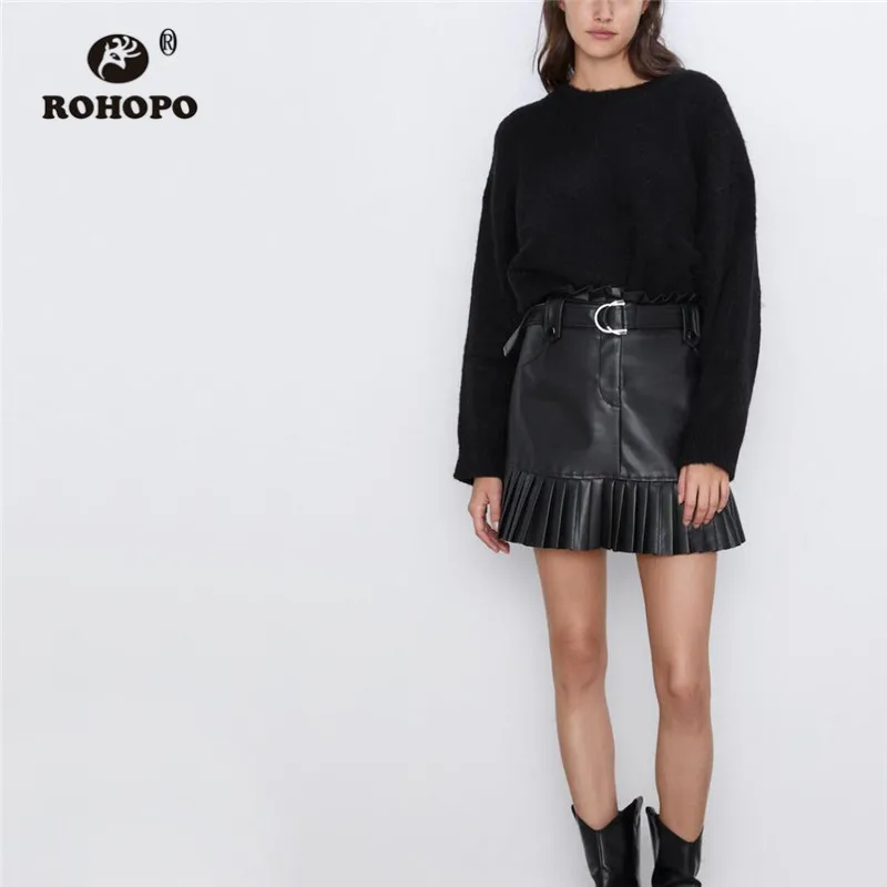 

ROHOPO Overlocked High Waist With Belted PU Leather Ruffled Black Skirt Welted Pockets Chic Preppy Girl Leather Falda #2387