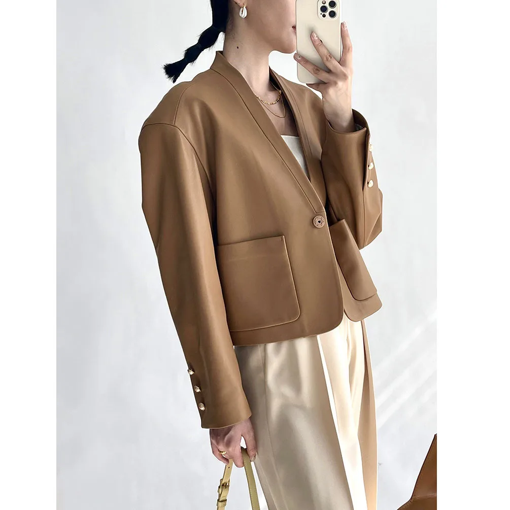 new autumn winter leather women sheepskin v-neck jacket retro small suit genuine leather coats natural sheepskin high quality