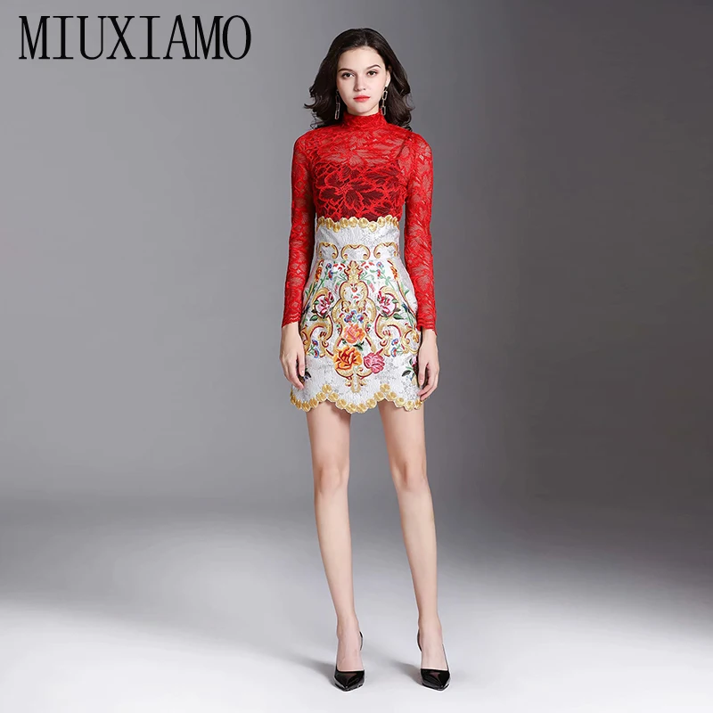 

MIUXIMAO Top Quality Europe Fashion 2019 Fall Embroidery jumpsuit Newest Casual Above Knee Two-Piece Dress Women vestidos