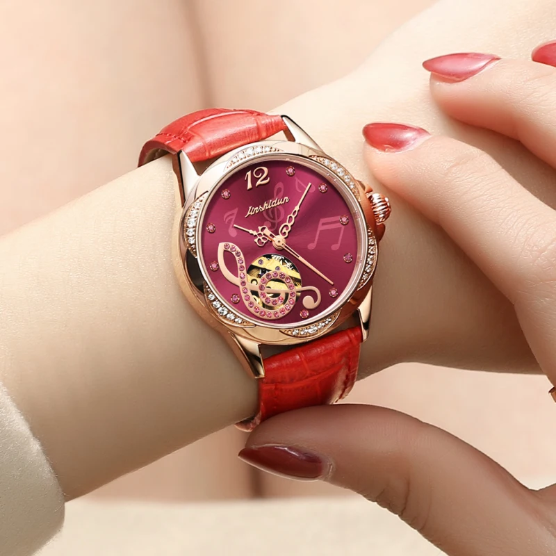 

Female Full Automatic Mechanical Watch Steel Belt Simple Fashion Hollow Note Inlaid with Diamond Style Waterproof Women's Watch