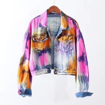 

Streetwear Fashion Multicolor Tie dye Denim Jackets Women Autumn Big size Loose Short Jeans Jacket Coat Female Chaquetas Mujer