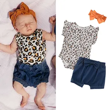 

3Pcs Newborn Baby Girl Clothes Leopard Romper Top Denim Shorts Summer Outfit