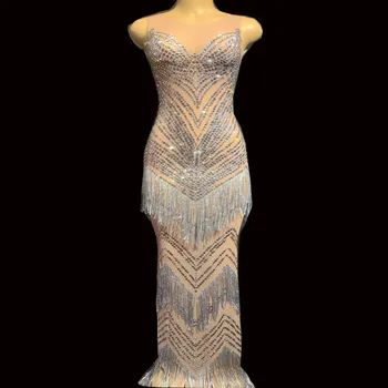 

Bling Rhinestones Tassel Mesh Long Dress Birthday Celebrate Prom Party Dresses Nightclub Female Singer Dance Performance Costume