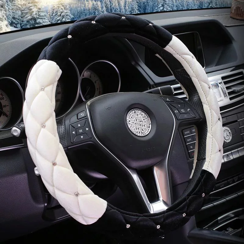 Winter Steering Wheel Cover Diamond Crystal Plush Fur Steering-Wheel Covers  Cases Auto Interior Accessories For Women Girls