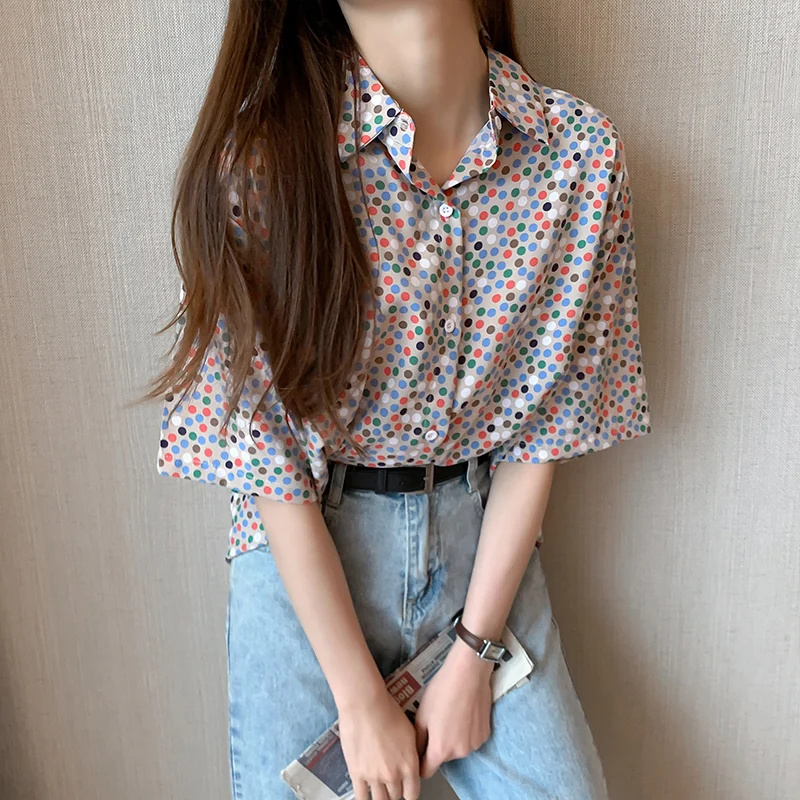2020 Summer Print Polka Dot Printed Loose Big Size Pink Green Oversized Shirt Women Blouse Fashion Streetwear Tee Shirt Femme