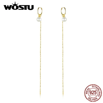 

WOSTU 100% Real 925 Sterling Silver Golden Pearl Tassels Earring For Women Hot Fashion Simple Style Earrings Jewelry Gift BNE325