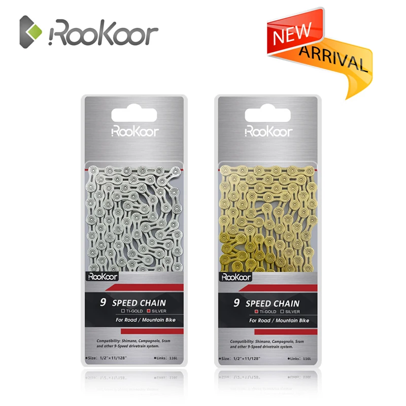 

Rookoor Mountain Road Bike 9 Speed Chains MTB 116L Cycling Hollow 9S Velocidade Titanium Plated Gold Silver Bicycle Parts Chain
