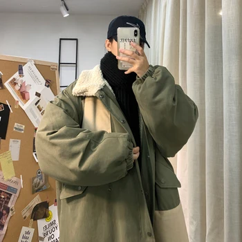 

2019 UYUK Winter Fashion Splice Color Contrast Trend Loose Youth Style College Thick Medium Long Lamb Coat Homme Clothes