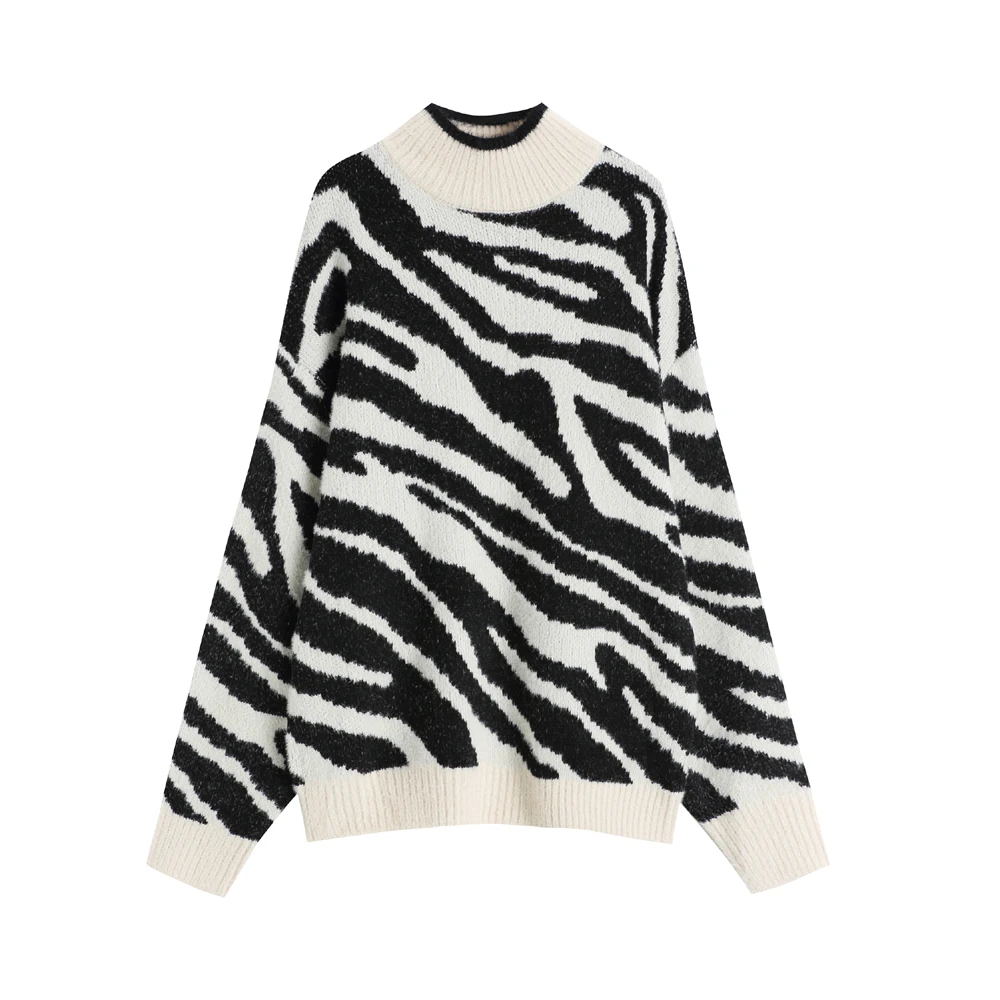 2021 Oversize Thick Autumn Winter Knitted Women O-Neck Fake Marten Hair Zebra-Striped Loose Sweaters Pullovers Jersey Jumper S88 cardigan for women Sweaters