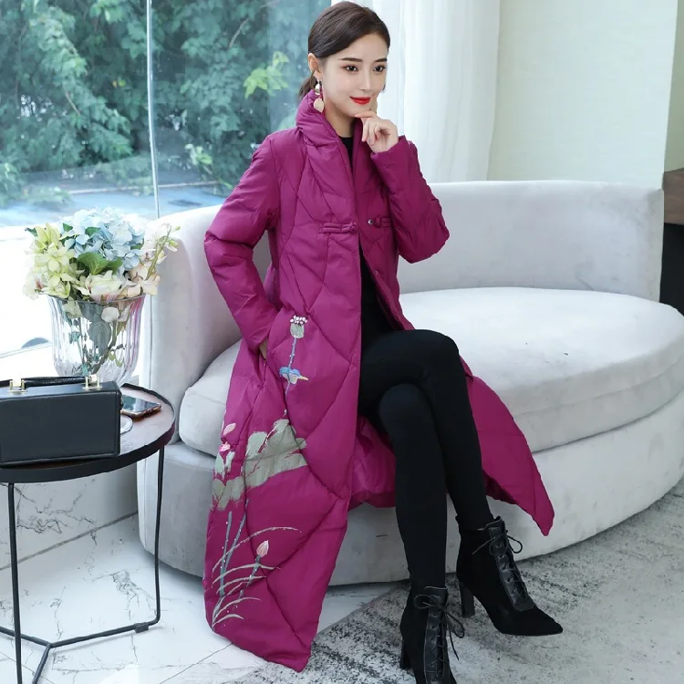 

Chinese-style Cotton-padded Clothes Women's 2019 Winter New Style Stand Collar Printed Slimming Mid-length Cotton Coat Frog Ethn