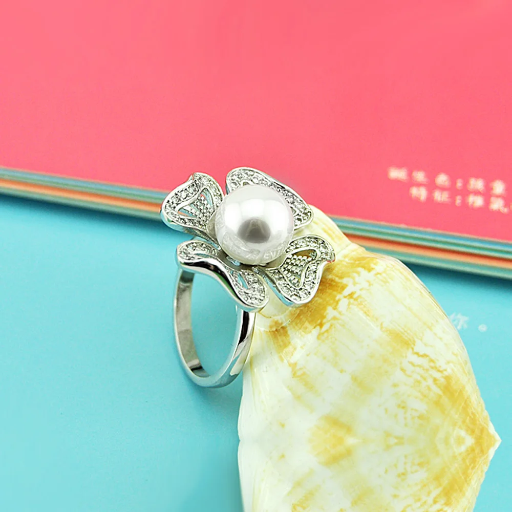 Classical Women's Silver Jewelry Ring 100% 925 Sterling Silver Ring Noble Freshwater Pearl Flower Pendant Ring Mother's Day Gift