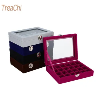 

Jewelry Storage Box 24 Grid Jewelry Tray with Glass Cover Jewelry Necklace Ring Chain Organizer box portable Travel Cosmetic Bag