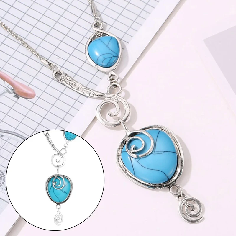 

1 PC Irregular Pendant Natural Stone Turquoises Necklace For Women Vintage Antique Silver Color Unique Design Fashion Jewelry