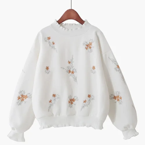 white embroidery Neploe осень зима вышивка цветочный свитер свободный длинный рукав гофрированный воротник толстовки корейские замшевые пуловеры Топ 56713 - Цвет: white embroidery