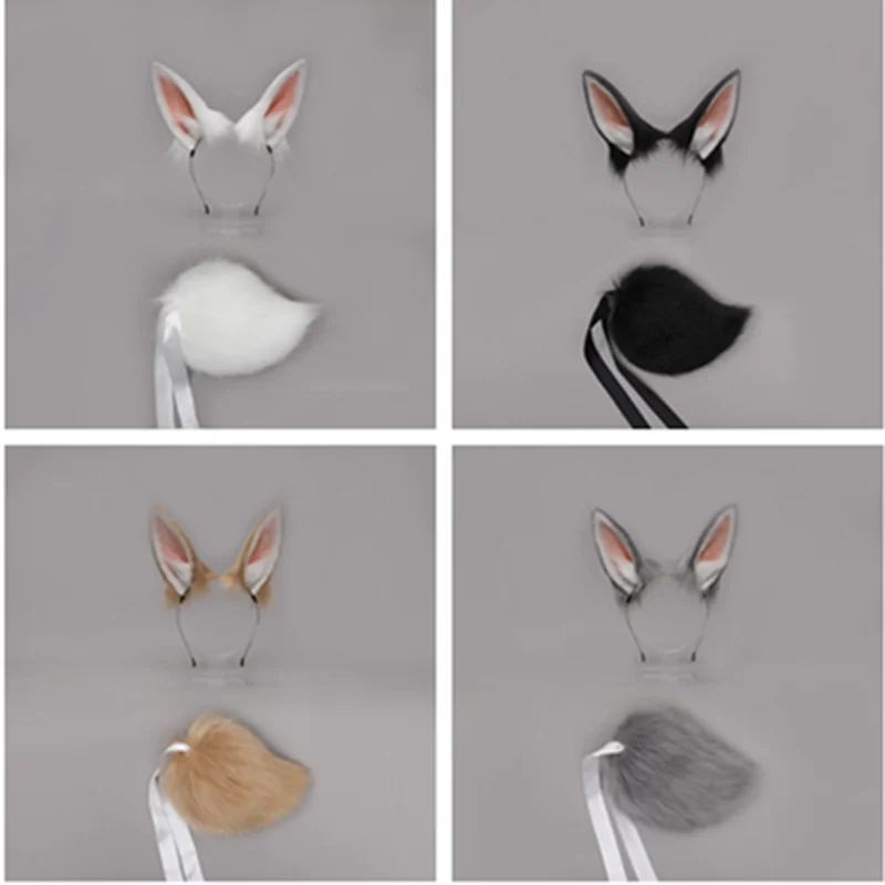 Lolita Plush Hair Hoop Rabbit Ears Headwear Tail Set Fancy Dress Cosplay Accessories anime hair accessories game cosplay props costume headband rabbit tail costume accessories