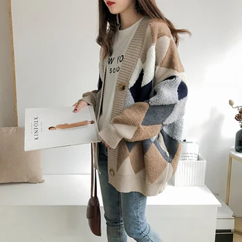 

Women's Sweaters Autumn Winter Casual Plaid V-Neck Cardigans Single Breasted Puff Sleeve Loose Knitted Jacket