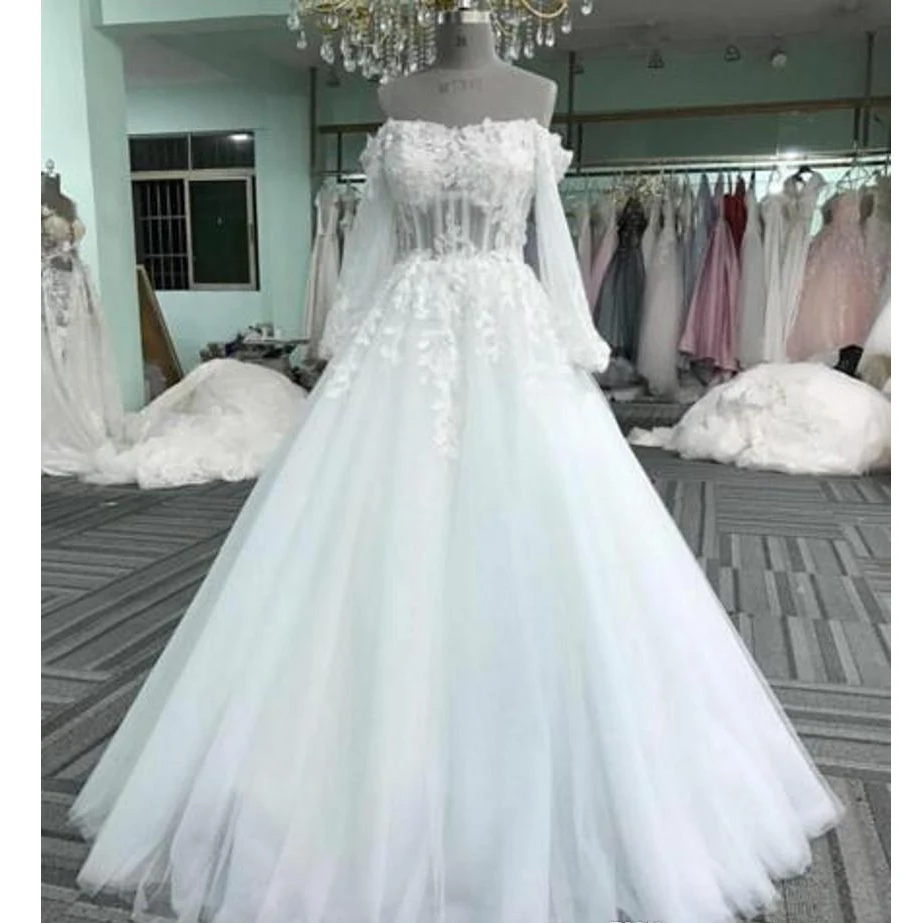 

Latest fashion Wedding Dresse Illusion Bodice Tiered Dress Lace Dresses Bateau Floor-Length Long Sleeve Lace-up Bridal Gowns