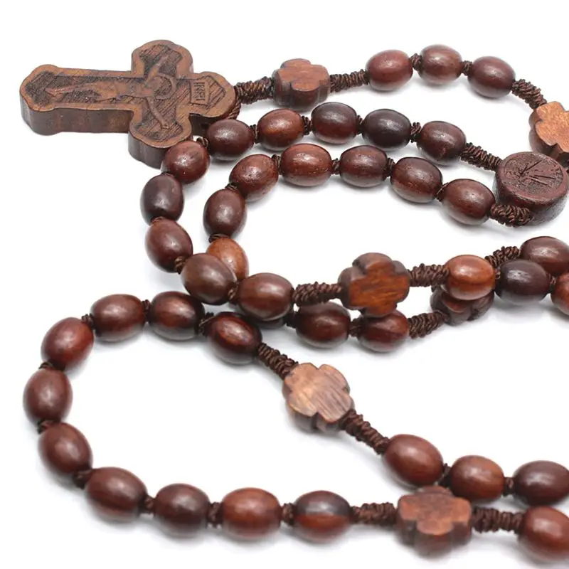 Деревянные четки ожерелье s крест кулон религиозная ручная работа круглые бусины католическое ожерелье для мужчин и женщин