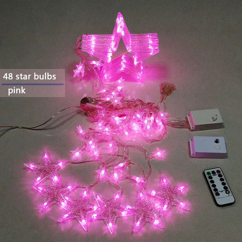 LED String Lights Pentagram Star Curtain Lights Fairy Wedding Birthday Christmas Lighting Indoor Decoration Light Remote control - Испускаемый цвет: Pink 48star