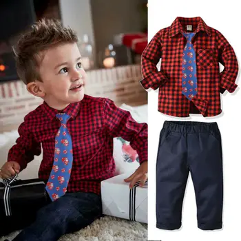 

CANIS Autumn Newborn Baby Boy Christmas Clothes Long Sleeve Plaid T-shirt Tops+Solid Color Long Pants Outfits Set