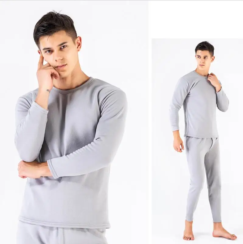 Light gray Комплекты термобелья для мужчин, зимнее термобелье, кальсоны, зимняя одежда для мужчин, плотная термобелье, одноцветная одежда - Цвет: Light gray