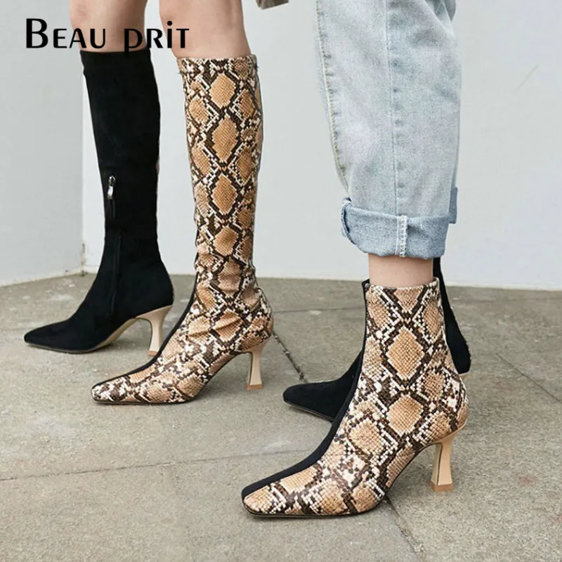 

Snake Print Women Knee High Boots High Heels Shoes Stretch Sock Bootee Color Blocked Square Toe Runway Shoes 2019