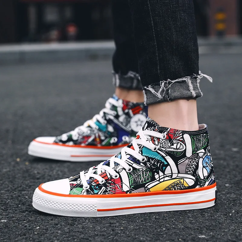 

BINHIIRO Men's Vulcanize Shoes High Top Canvas Lace-up Print Antiskid Rubber Flat Sneakers Autumn Casual Male Shoes Size 39-44