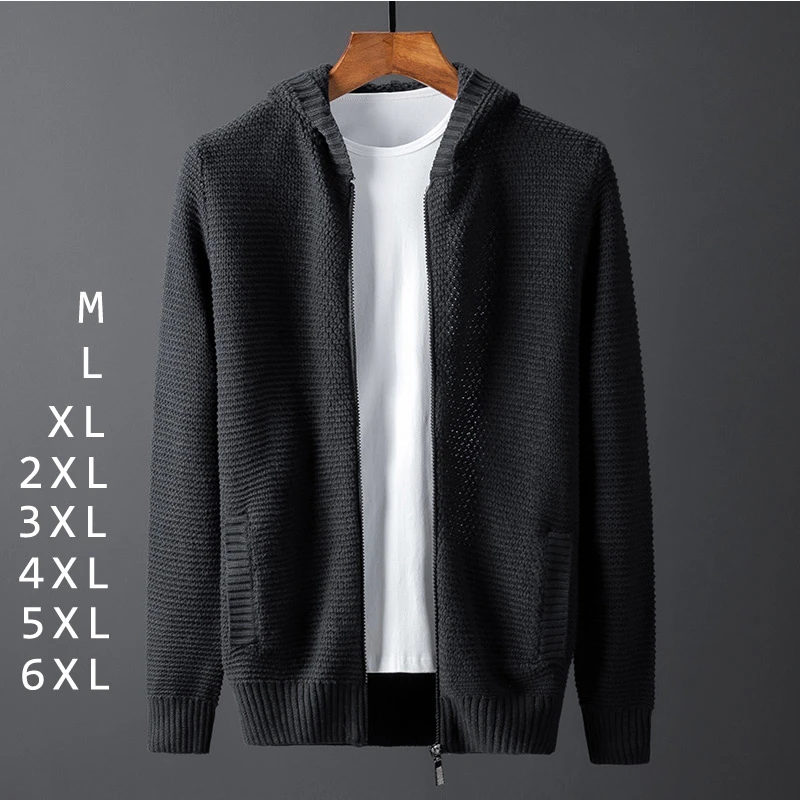 Knitted Sweater Cardigan Korean Jackets Hooded-Pockets Zipper Black Casual Men Winter