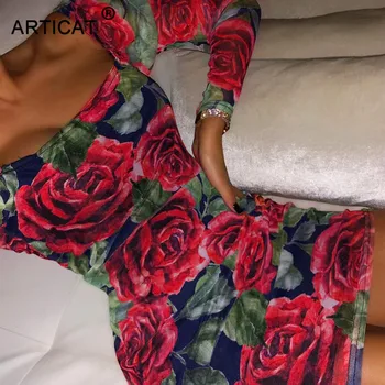 

Articat Vintage Floral Print Dress Women Long Sleeve Square Neck Bodycon Mini Christmas Dress Fashion Slim Party Dress Vestidos