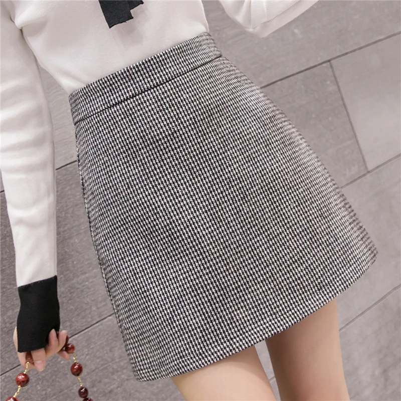 

Autumn Winter Women Mini Skirt Black and White Houndstooth Woolen High Waist Slim Skirts Retro Elegant Women Skirts